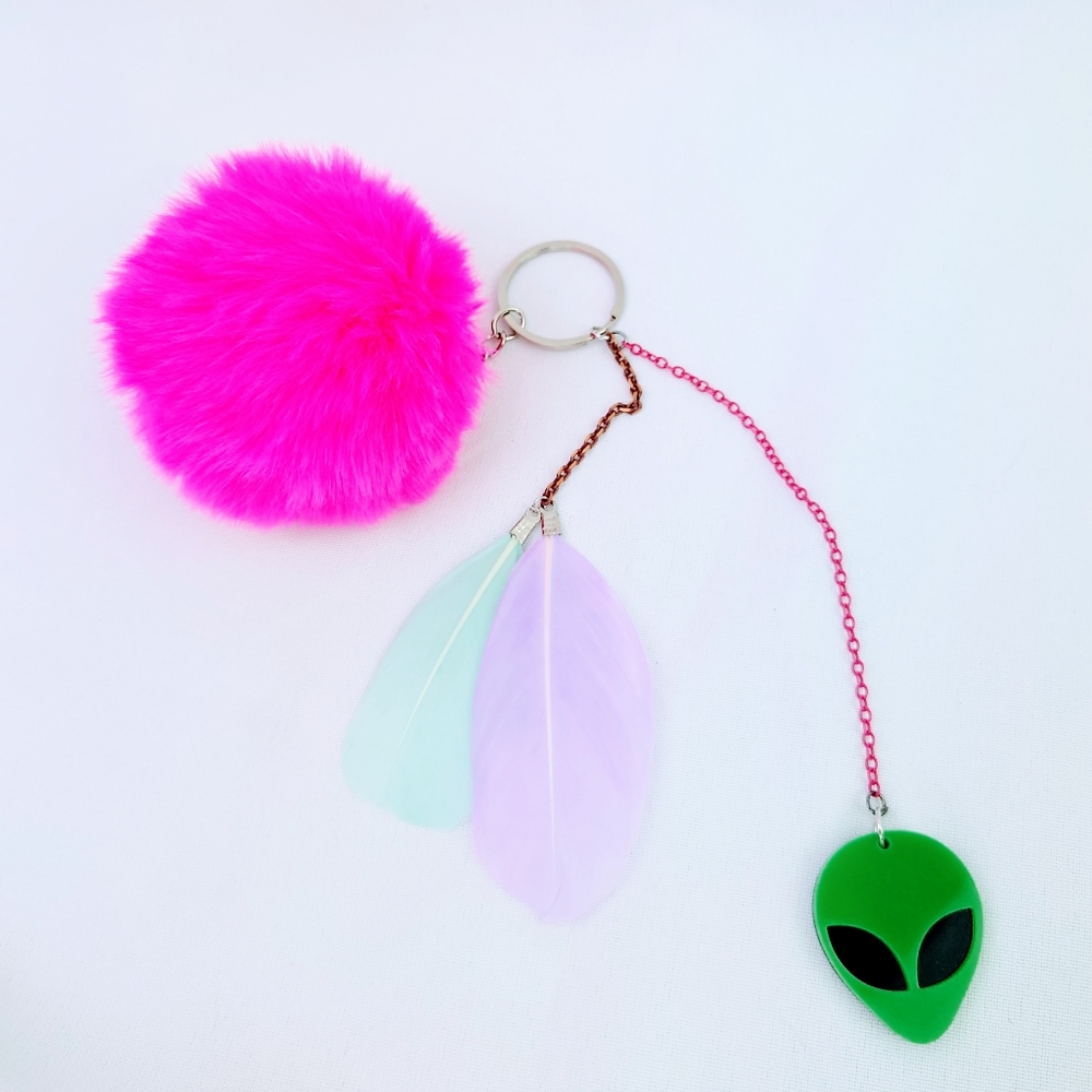 Alien Bag Charm Keychain Fluffy Pom Ball